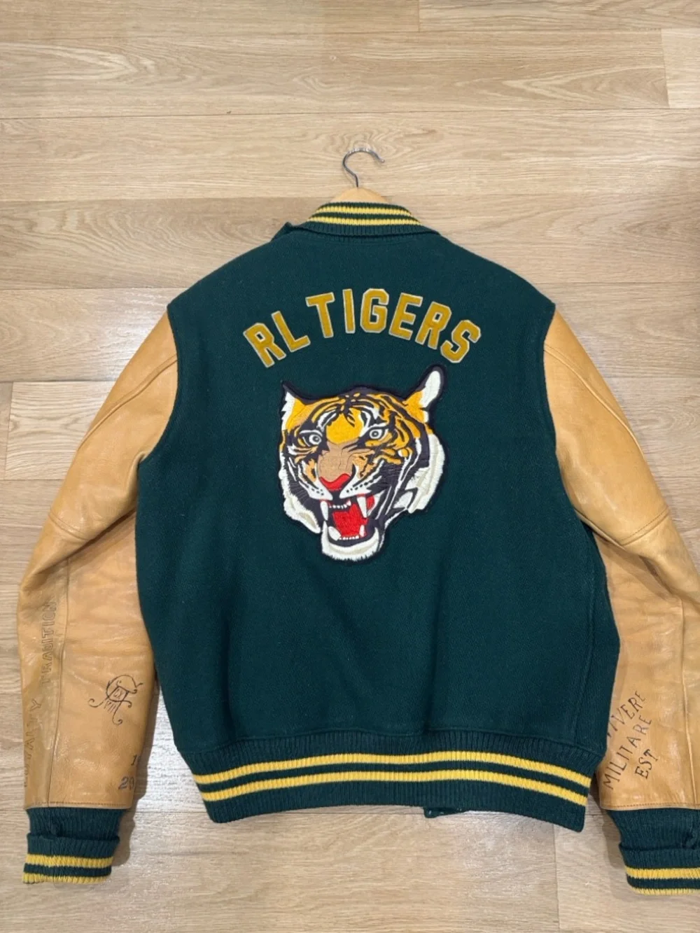 Polo by Ralph Lauren Dark Green & Tan Leather-Sleeve Varsity Jacket - Picture 2 of 5